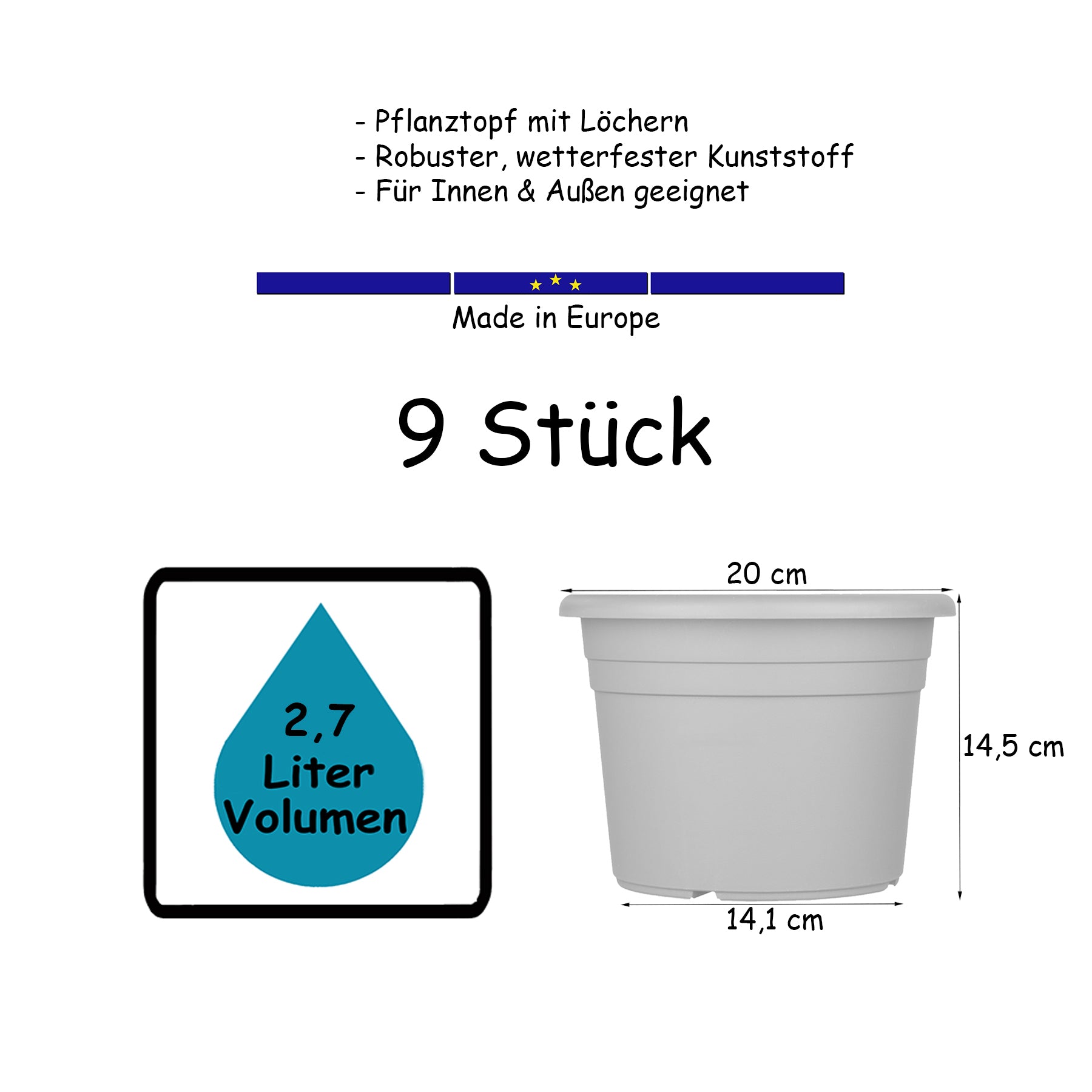 9x Blumentopf Ø 20 cm Farbe Anthrazit Kunststoff Pflanztopf Containertopf Übertopf Pflanzkübel rund 5
