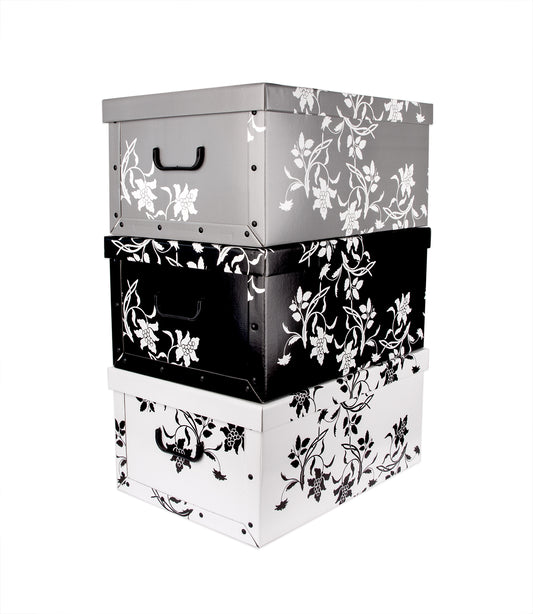 BigDean Aufbewahrungsboxen XXL 3er Set je 45 Liter - mit Deckel & Griffen - aus stabiler Pappe - verschiedene Farben im Barock-Blumenmuster - perfekt für Ordnung im ganzen Haus
