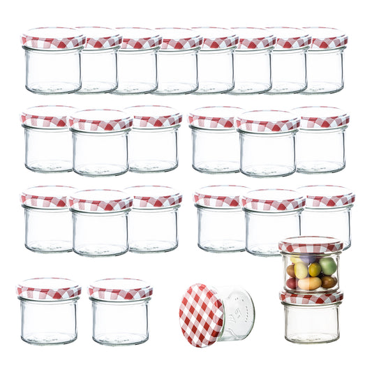 BigDean 24er Set Marmeladenglas 125 ml Sturzglas Einmachglas Einweckglas TO 66 rot karierter Deckel