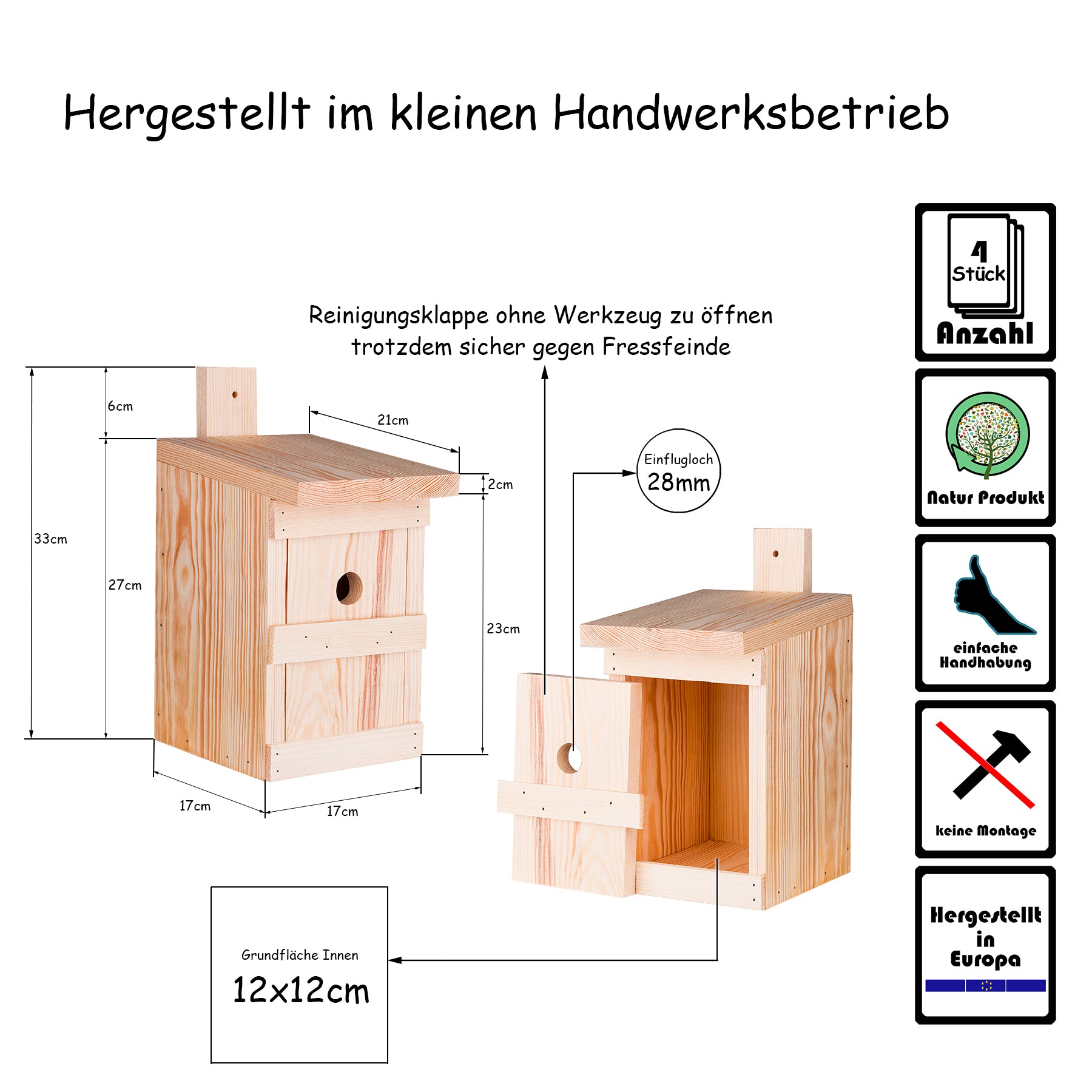 4x Nistkasten für Meisen & Kleinvögel - Vogelhaus aus Massivholz - 27x17x17cm 6