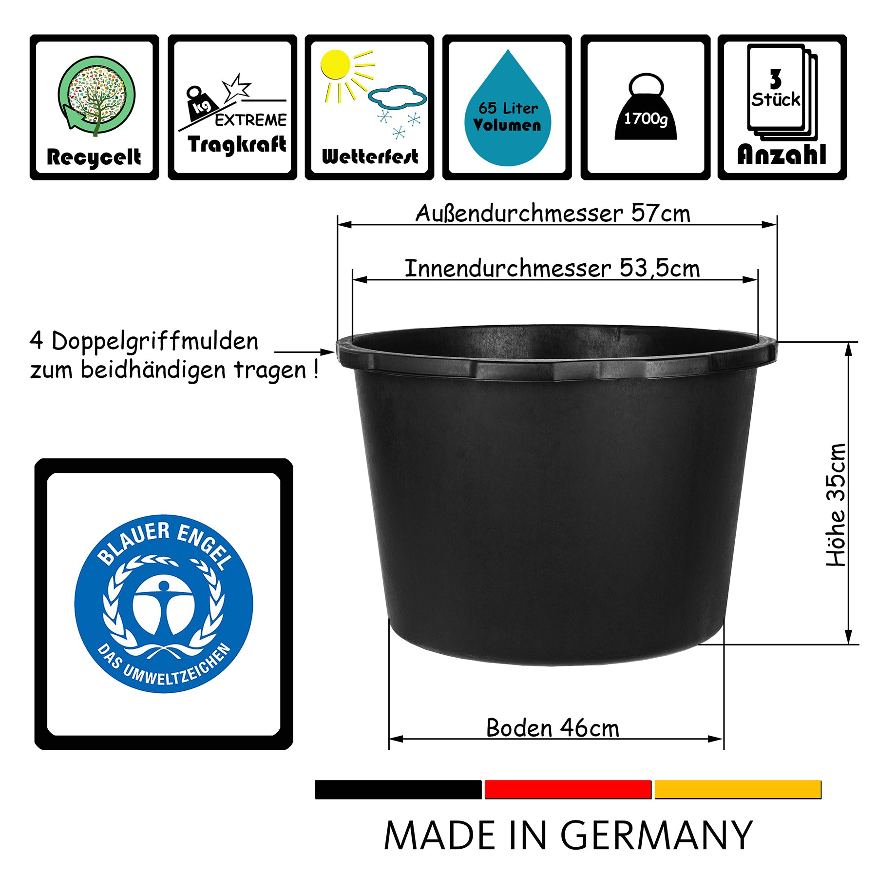 3x Mörtelkübel 65 Liter Rund - Made in Germany - Blauer Engel - Mörteleimer Baueimer Ø 57 cm x 35 cm 6