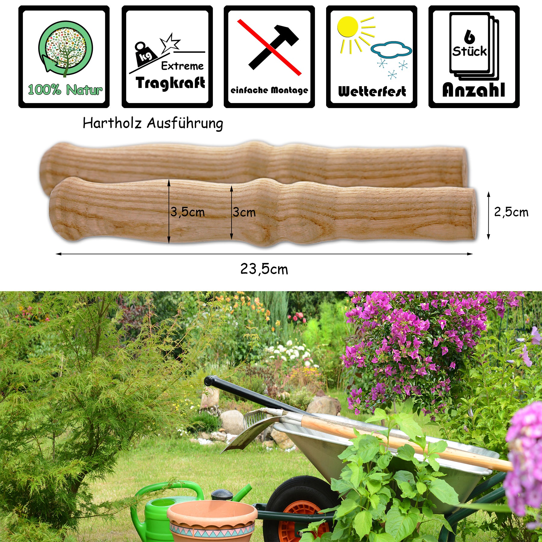 6x Schubkarren Universal Holzgriffe Karrengriff Schiebkarre Schubkarrengriffe Griffe 3