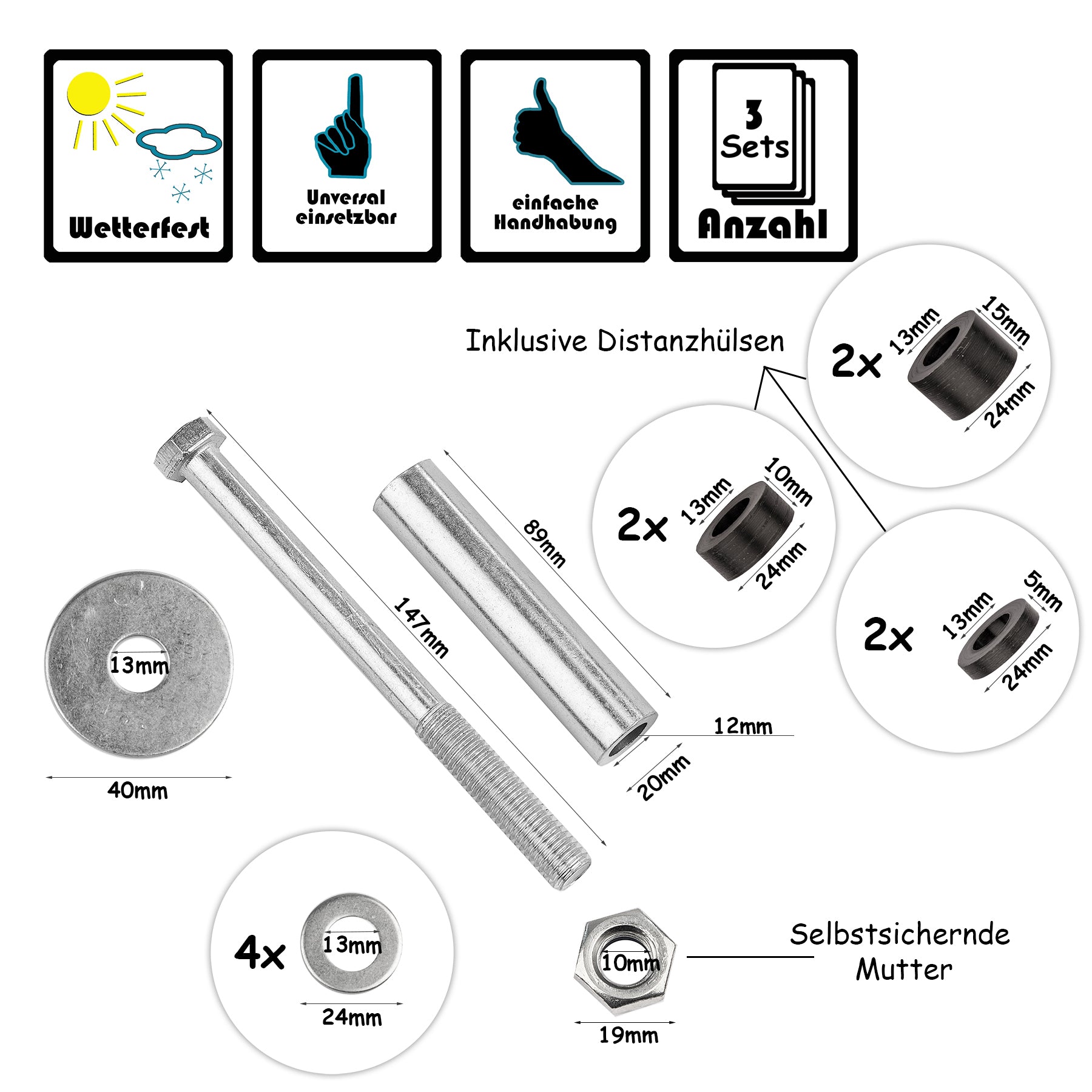 3x Universal Achse für Schubkarrenrad - Schubkarrenachse Montage Set 4