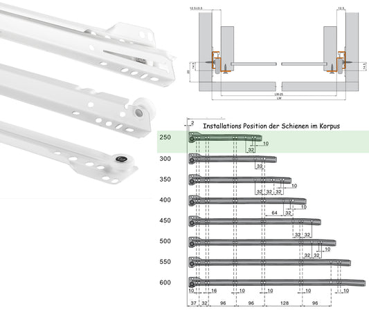 BigDean 1 Paar Schubladenschienen 250mm - Schubladenauszug weiß - Schienen für Schubladen - Teilauszug Schienensystem Rollenführung Schubladenführung 2