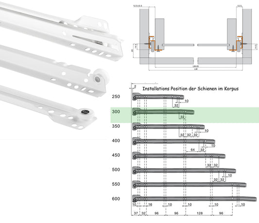 BigDean 1 Paar Schubladenschienen 300mm - Schubladenauszug weiß - Schienen für Schubladen - Teilauszug Schienensystem Rollenführung Schubladenführung 2