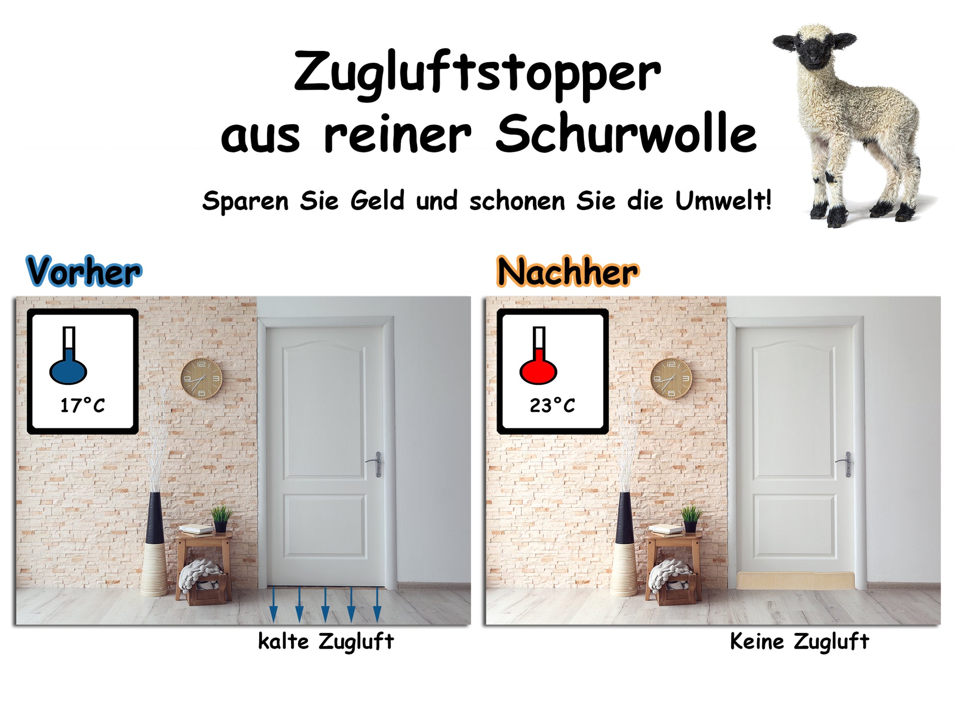 Zugluftstopper für Türen 80cm - 100% Schurwolle - Beige - Türluftstopper Luftzugstopper 4