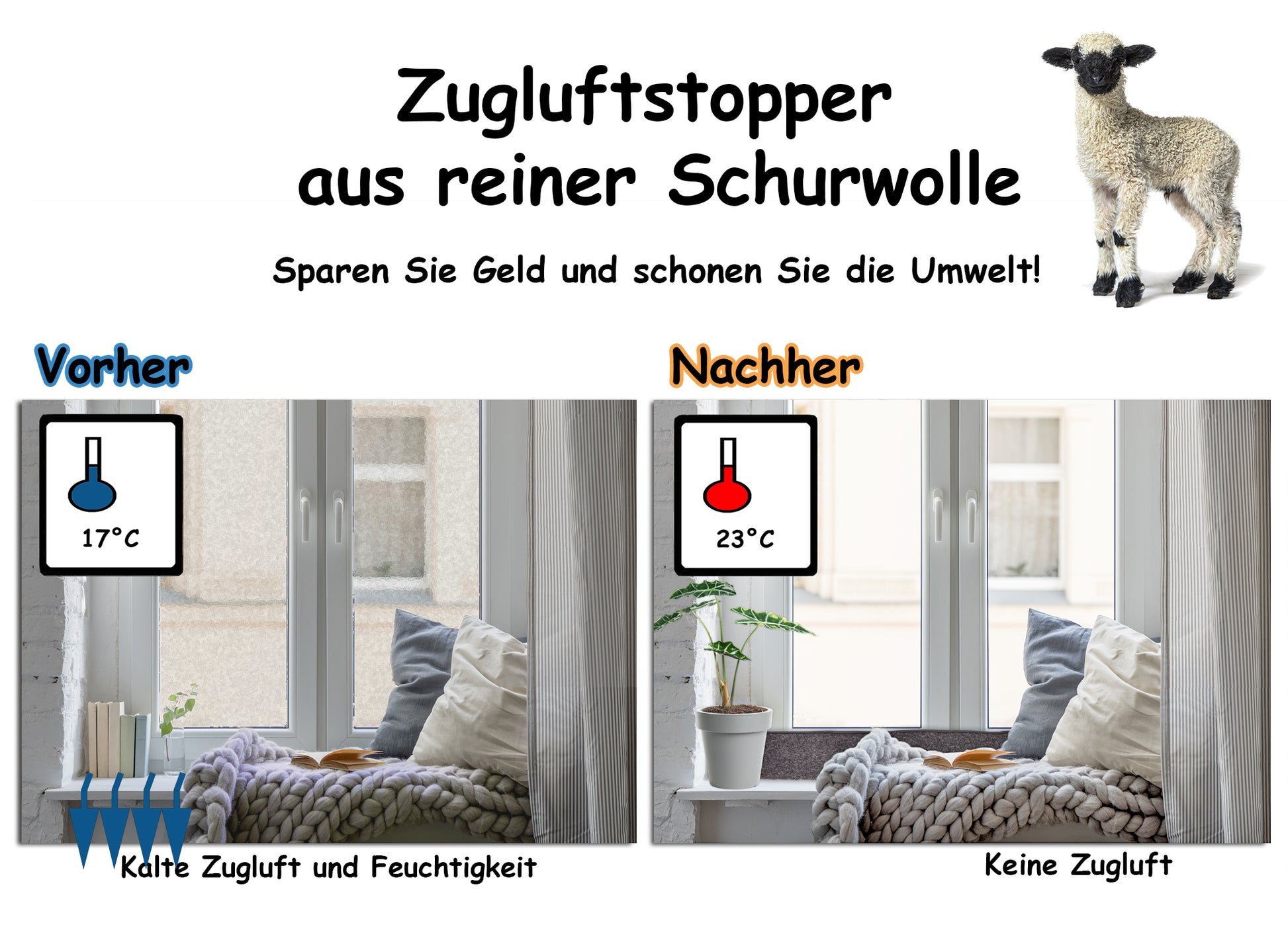 2x Zugluftstopper für Fenster 100cm - 100% Schurwolle - Anthrazit - Luftzugstopper Durchzugstopper 4