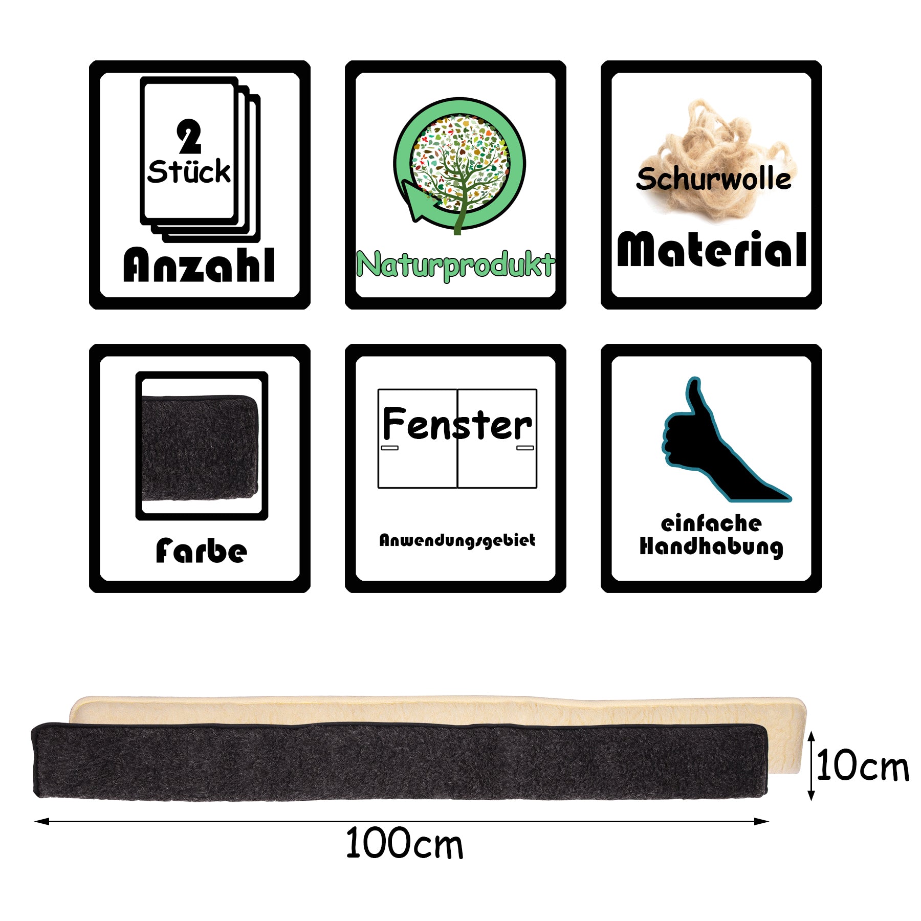 2x Zugluftstopper für Fenster 100cm - 100% Schurwolle - Anthrazit - Luftzugstopper Durchzugstopper 5