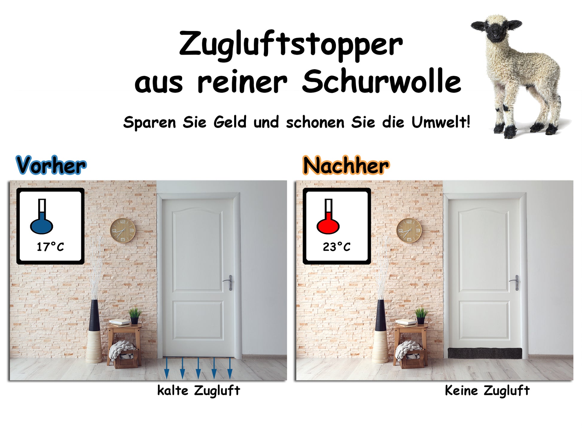 2x Zugluftstopper für Türen 80cm - 100% Schurwolle - Anthrazit - Türluftstopper Luftzugstopper 4