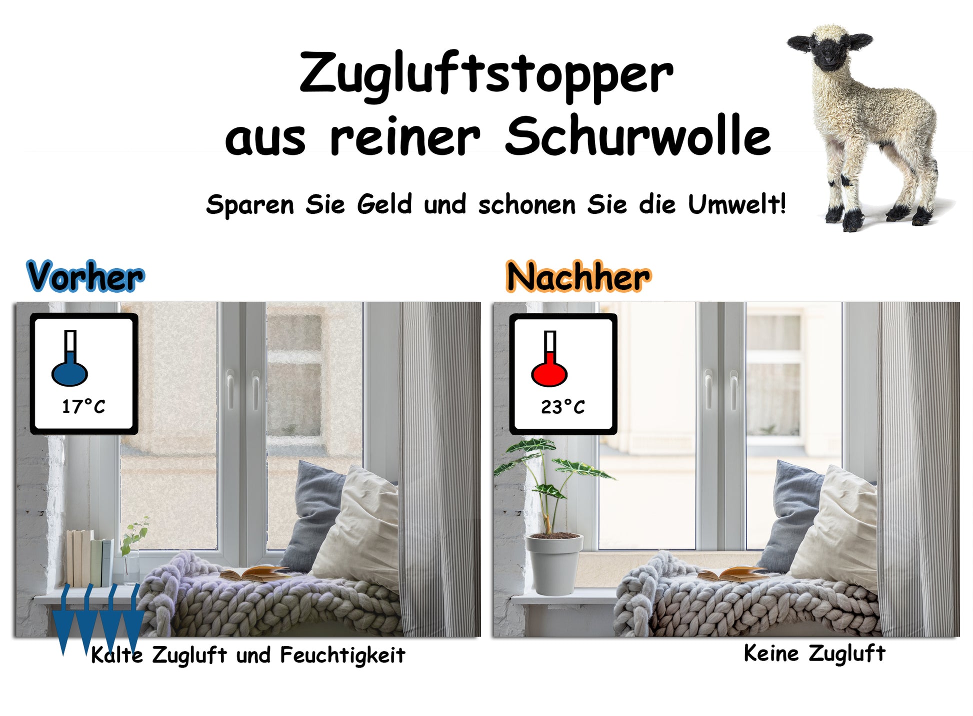 3x Zugluftstopper für Fenster 150cm - 100% Schurwolle - Beige - Luftzugstopper Durchzugstopper 4