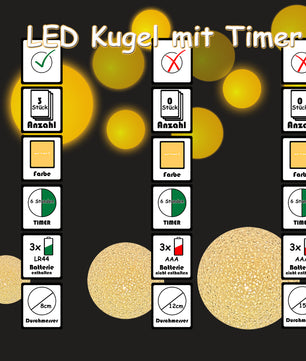 3x LED Kugel mit 6 Stunden Timer - warmweiß - 8 cm - Leuchtkugel für Innen 5