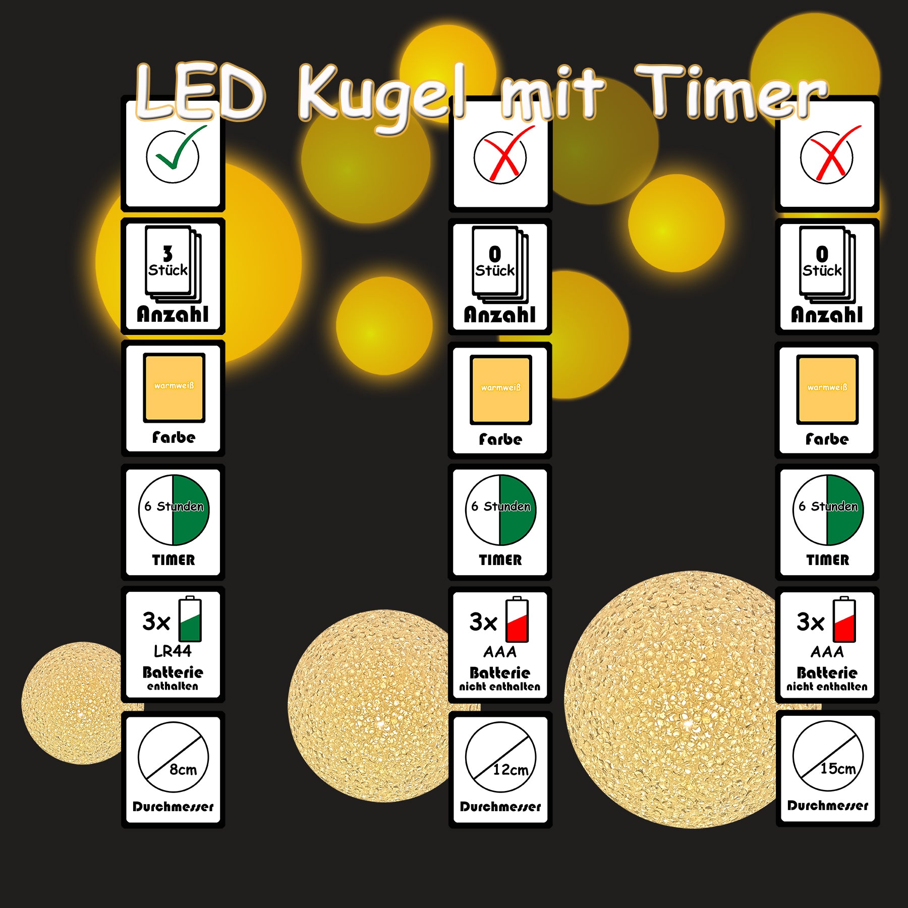 3x LED Kugel mit 6 Stunden Timer - warmweiß - 8 cm - Leuchtkugel für Innen 5
