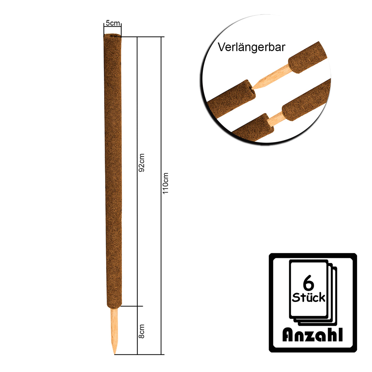 BigDean 6er Set Pflanzstäbe Kokos 110 cm - Monstera Rankhilfe Rankstäbe Stab Moosstäbe Pflanzenstäbe Kokosstäbe für Pflanzen - aus natürlicher Kokosfaser - verlängerbar image 6