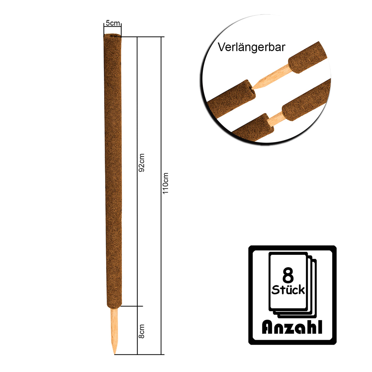 BigDean 8er Set Pflanzstäbe Kokos 110 cm - Monstera Rankhilfe Rankstäbe Stab Moosstäbe Pflanzenstäbe Kokosstäbe für Pflanzen - aus natürlicher Kokosfaser - verlängerbar image 6