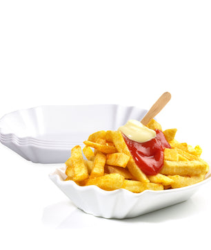 4er Set Pommesschale aus Porzellan 19,5 cm - Weiß - Currywurstschale Pommes Frites Currywurst Schale