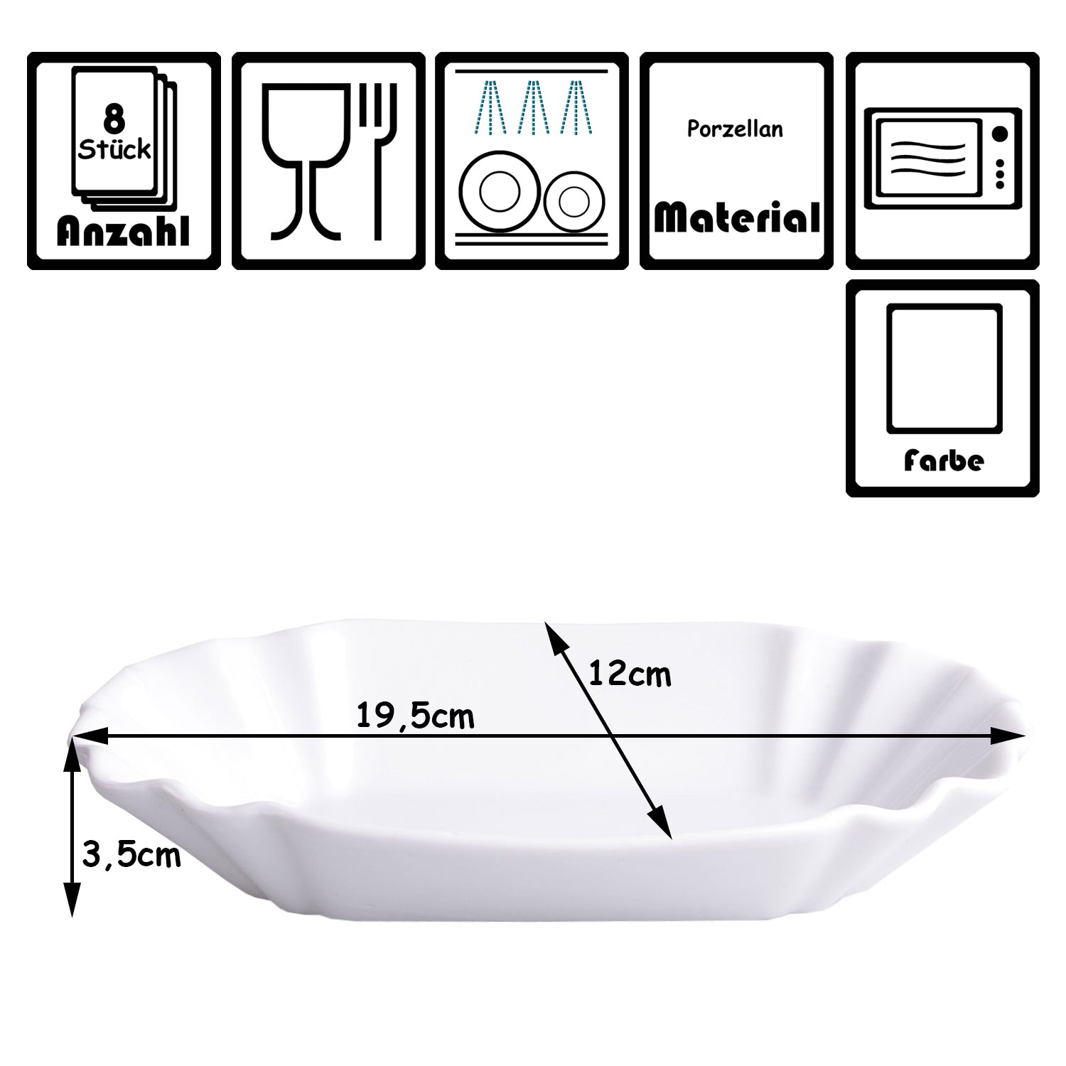 8er Set Pommesschale aus Porzellan 19,5 cm - Weiß - Currywurstschale Pommes Frites Currywurst Schale 5