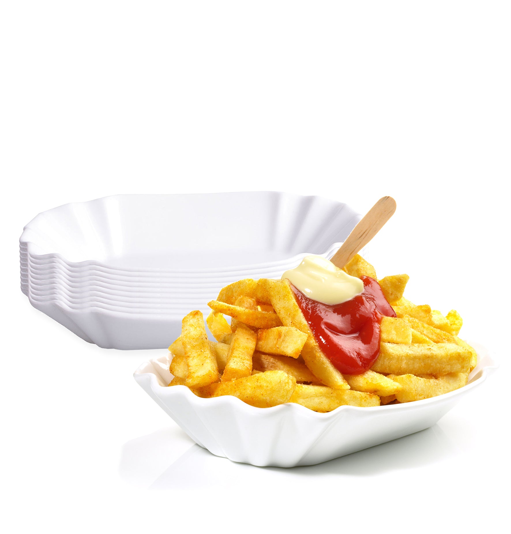 10er Set Pommesschale aus Porzellan 19,5 cm - Weiß - Currywurstschale Pommes Currywurst Schale