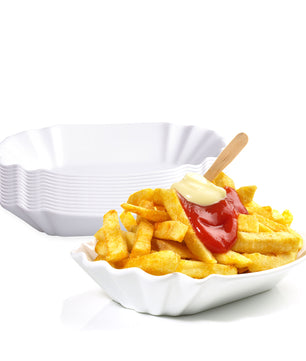 12er Set Pommesschale aus Porzellan 19,5 cm - Weiß - Currywurstschale Pommes Currywurst Schale