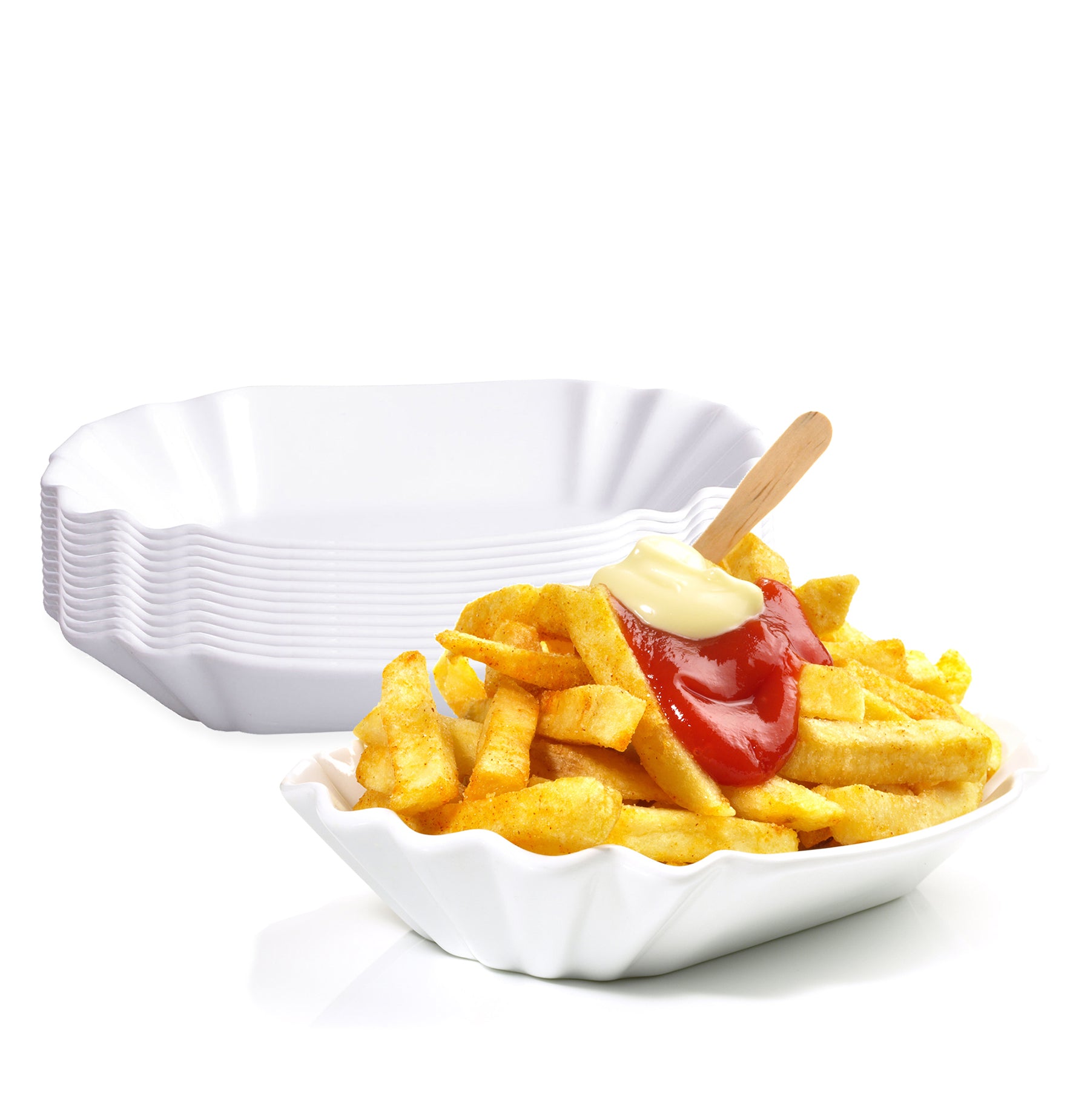 12er Set Pommesschale aus Porzellan 19,5 cm - Weiß - Currywurstschale Pommes Currywurst Schale