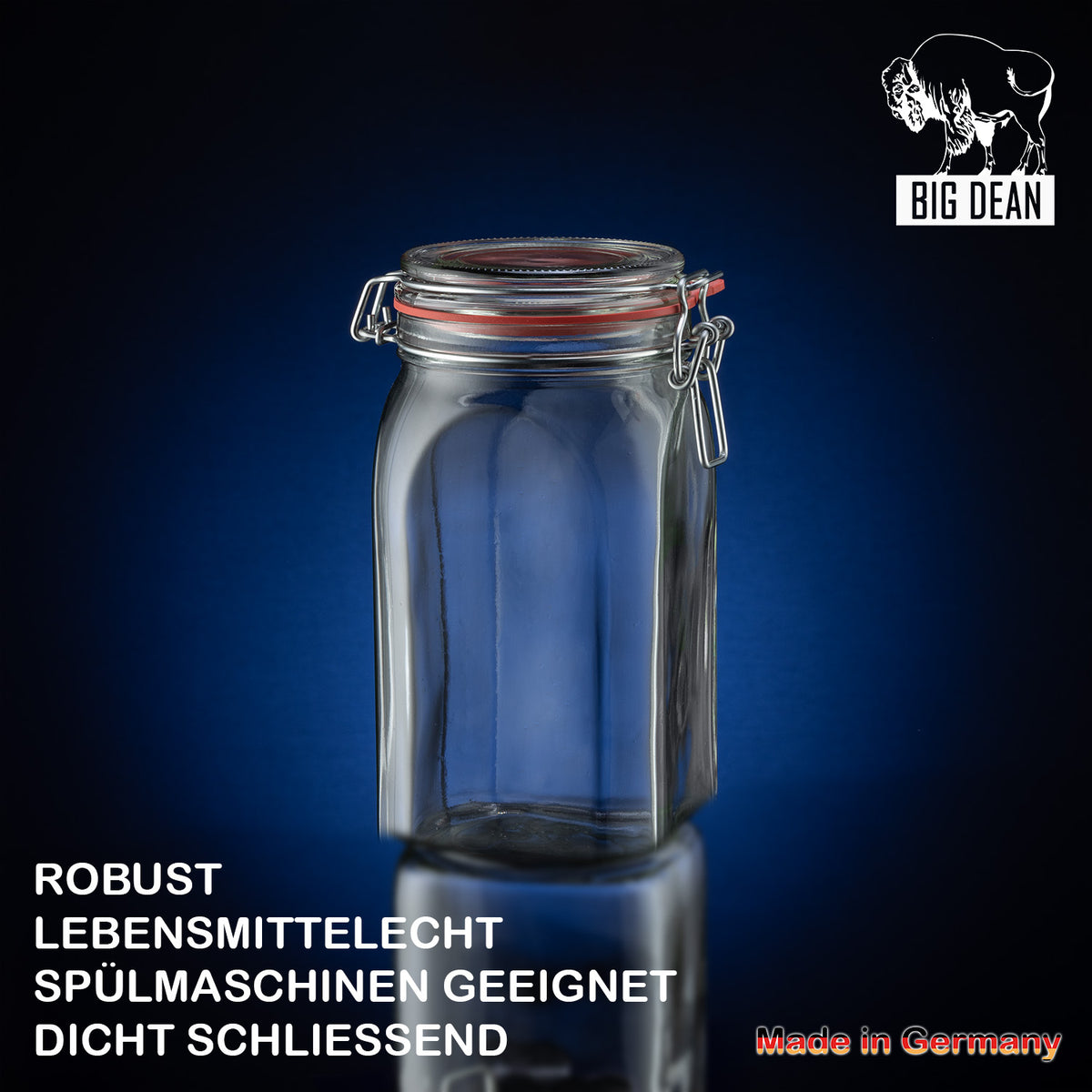 BigDean 4er Set Vorratsgläser 1,1L - Einmachgläser mit Deckel & Bügelverschluss - Made in Germany - Drahtbügelgläser zum luftdichten Aufbewahren, Einlegen & Einkochen - Glas, eckig image 5
