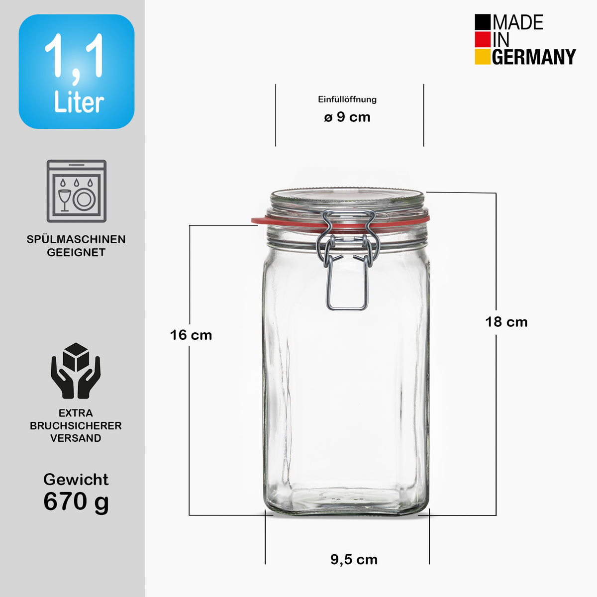 BigDean 12er Set Vorratsgläser 1,1L - Einmachgläser mit Deckel & Bügelverschluss - Made in Germany - Drahtbügelgläser zum luftdichten Aufbewahren, Einlegen & Einkochen - Glas, eckig image 3