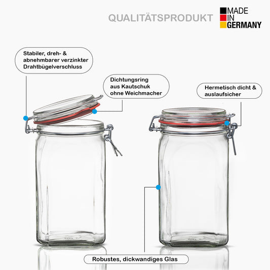 BigDean 4er Set Vorratsgläser 1,5L - Einmachgläser mit Bügelverschluss - Made in Germany - Drahtbügelgläser zum luftdichten Aufbewahren, Einlegen & Einkochen - Glas, eckig image 2