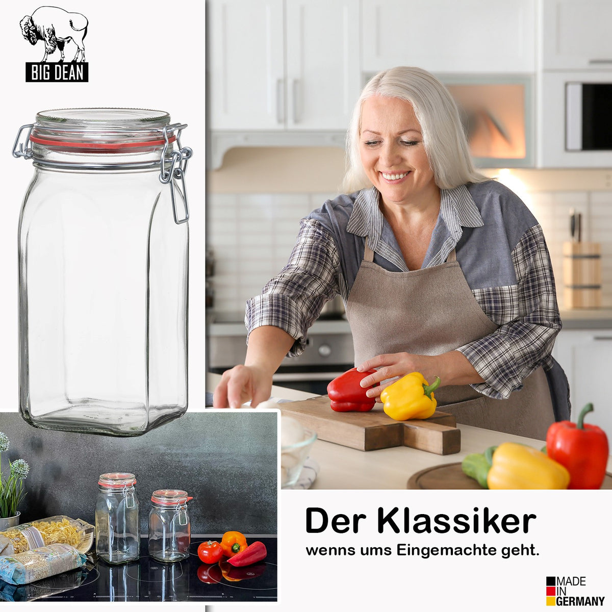 BigDean 4er Set Vorratsgläser 1,5L - Einmachgläser mit Bügelverschluss - Made in Germany - Drahtbügelgläser zum luftdichten Aufbewahren, Einlegen & Einkochen - Glas, eckig image 6