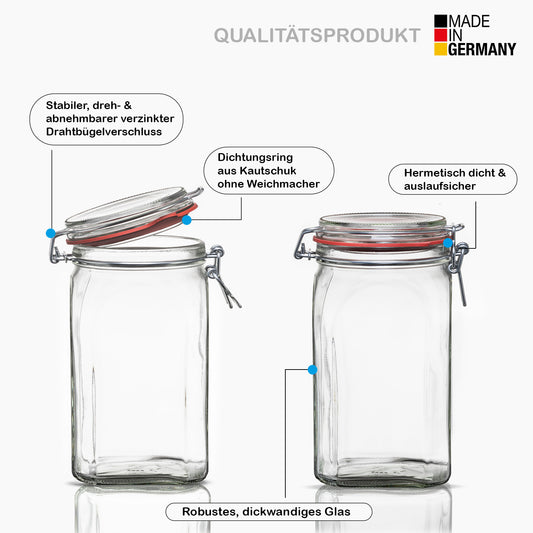 12er Set Vorratsgläser 1,5L - Einmachgläser mit Deckel & Bügelverschluss - Drahtbügelgläser eckig 2