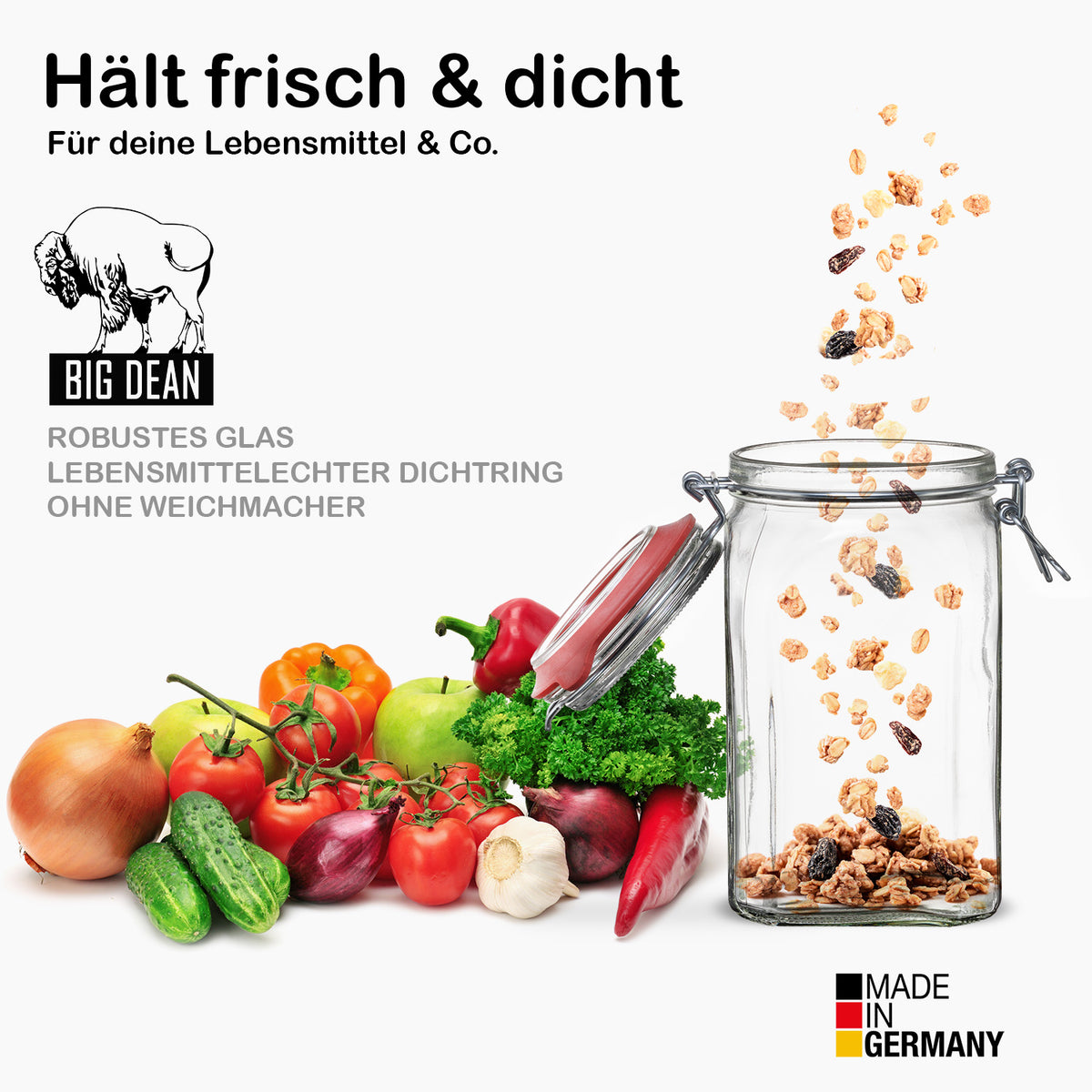 BigDean 12er Set Vorratsgläser 1,5L - Einmachgläser mit Deckel & Bügelverschluss - Made in Germany - Drahtbügelgläser zum luftdichten Aufbewahren, Einlegen & Einkochen - Glas, eckig image 4