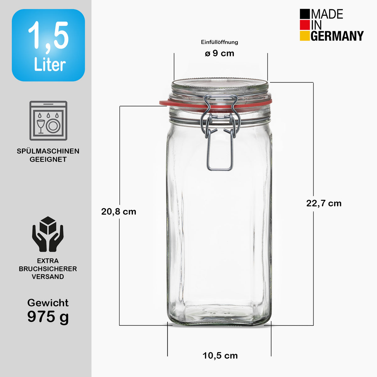 BigDean 12er Set Vorratsgläser 1,5L - Einmachgläser mit Deckel & Bügelverschluss - Made in Germany - Drahtbügelgläser zum luftdichten Aufbewahren, Einlegen & Einkochen - Glas, eckig image 3
