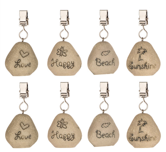 BigDean 8er Set Tischdeckenbeschwerer - Tischdecken Beschwerer für draußen - Love, Happy, Beach, Sunshine Aufdruck - Tischtuchbeschwerer Outdoor - Tischdeckenhalter in Stein-Optik