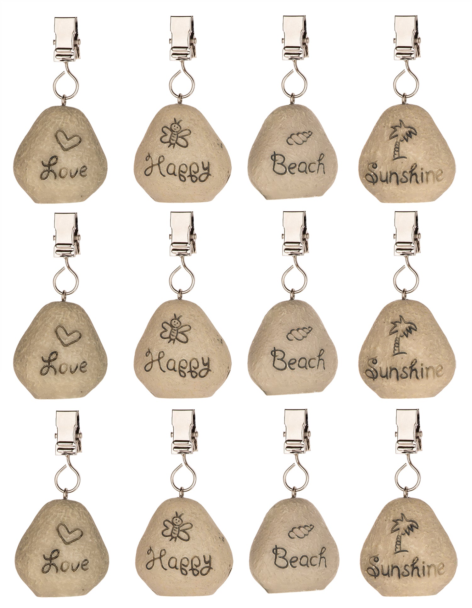 BigDean 12er Set Tischdeckenbeschwerer - Tischdecken Beschwerer für draußen - Love, Happy, Beach, Sunshine Aufdruck - Tischtuchbeschwerer Outdoor - Tischdeckenhalter in Stein-Optik