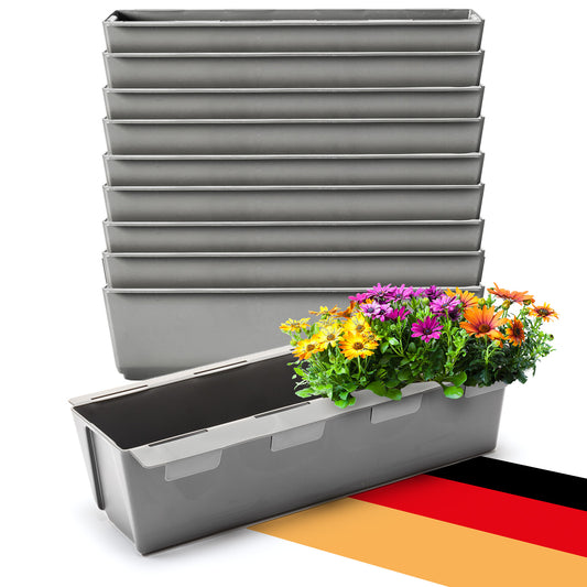 BigDean 10er Set Paletten Blumenkästen - Einsatz - mit Hängesystem zum Einhängen - 37cm beton-grau - Pflanzkasten für Europalette Balkonkasten Blumentopf - aus recyceltem PP-Kunststoff