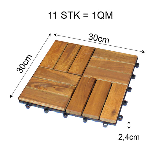 11er Pack Holzfliesen für Balkon 30x30 cm - 1 qm - Akazien-Holz - Bodenbelag Holzboden Klicksystem 2