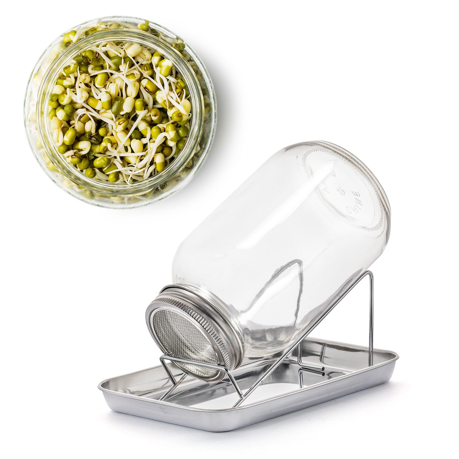 Sprossenglas Keimglas Set 1000ml - mit Edelstahl-Gitterdeckel + Ständer - Sprossen Keimgerät