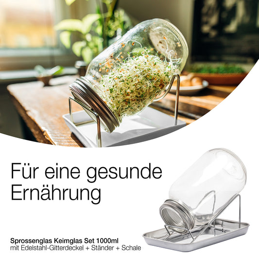 Sprossenglas Keimglas Set 1000ml - mit Edelstahl-Gitterdeckel + Ständer - Sprossen Keimgerät 2