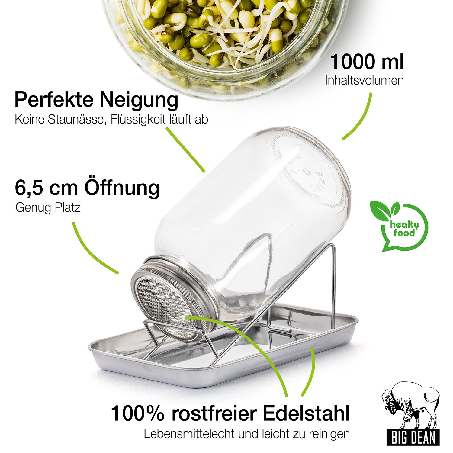 Sprossenglas Keimglas Set 1000ml - mit Edelstahl-Gitterdeckel + Ständer - Sprossen Keimgerät 3