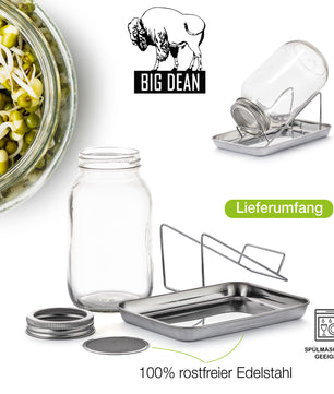 Sprossenglas Keimglas Set 1000ml - mit Edelstahl-Gitterdeckel + Ständer - Sprossen Keimgerät 4