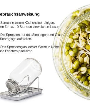Sprossenglas Keimglas Set 1000ml - mit Edelstahl-Gitterdeckel + Ständer - Sprossen Keimgerät 5
