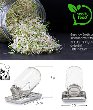 Sprossenglas Keimglas Set 1000ml - mit Edelstahl-Gitterdeckel + Ständer - Sprossen Keimgerät 6