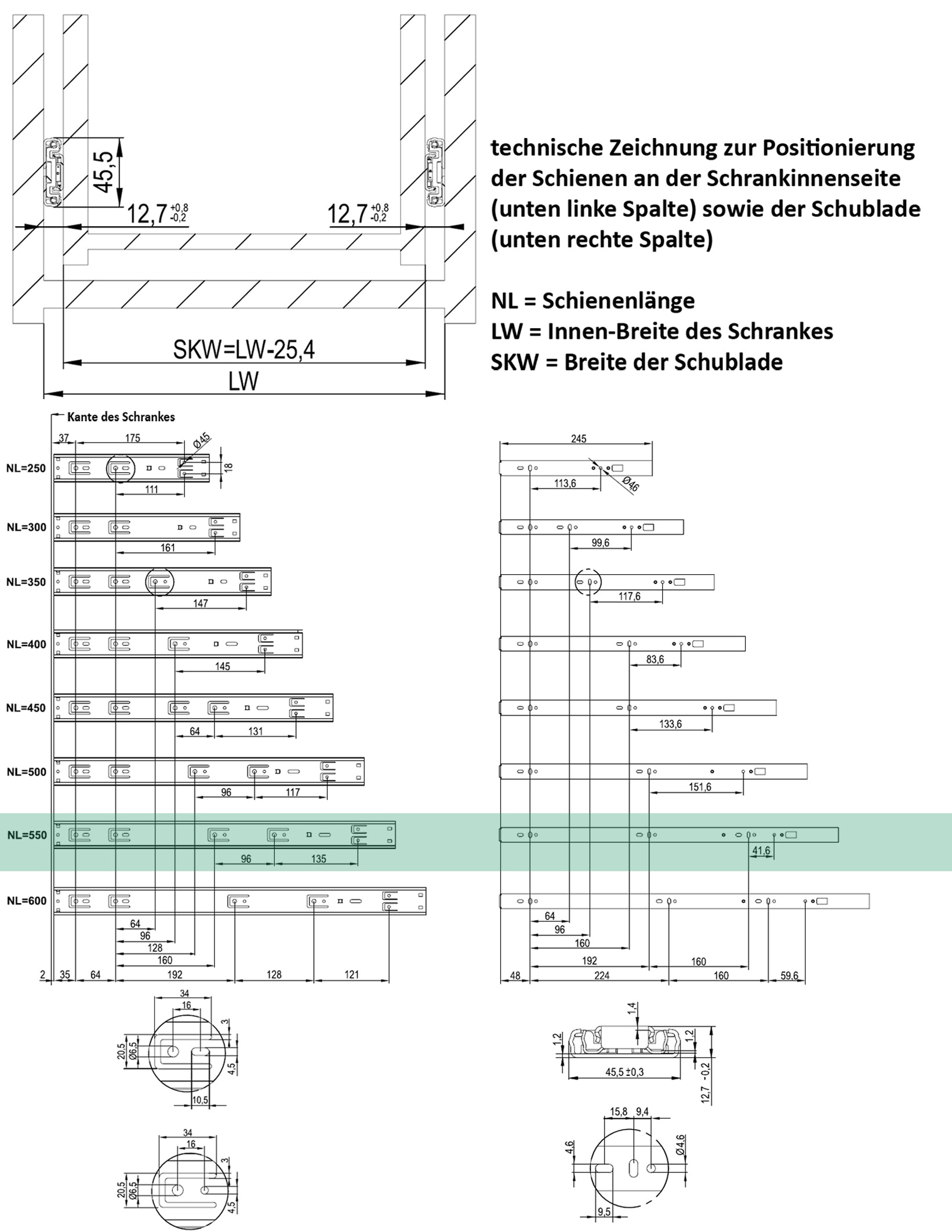 1 Paar (2 Stk.) Schubladenschienen Vollauszüge - 45 x 550mm - mit Softclose  3