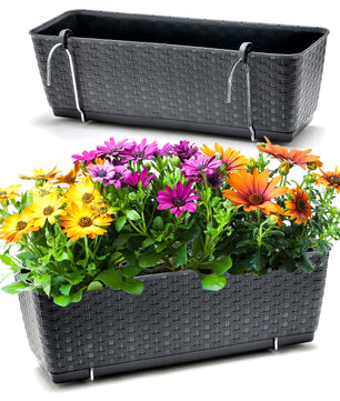 2er Set Blumenkästen für Balkon-Geländer - Rattan-Optik - Anthrazit - mit Halterung - 50cm