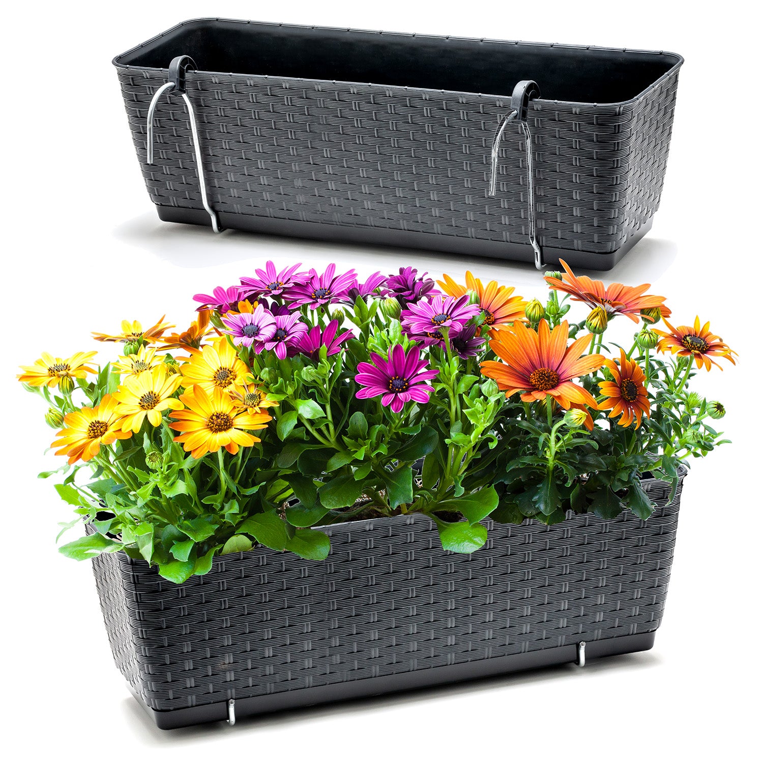 2er Set Blumenkästen für Balkon-Geländer - Rattan-Optik - Anthrazit - mit Halterung - 50cm