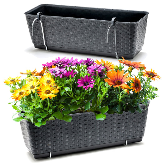 BigDean 2er Set Blumenkästen für Balkon-Geländer - Rattan-Optik - Anthrazit - Balkonkästen mit Metall-Halterungen - 49 x 17 x 17 cm - inkl. Bewässerungssystem