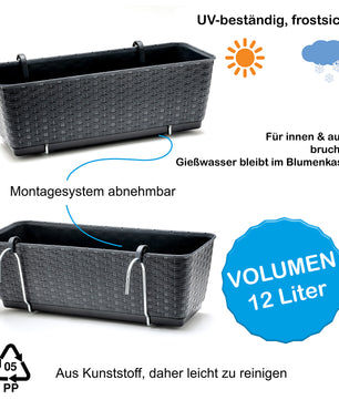 2er Set Blumenkästen für Balkon-Geländer - Rattan-Optik - Anthrazit - mit Halterung - 50cm 3