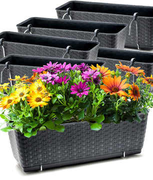 6er Set Blumenkästen für Balkon-Geländer - Rattan-Optik - Anthrazit - mit Halterung - 50cm