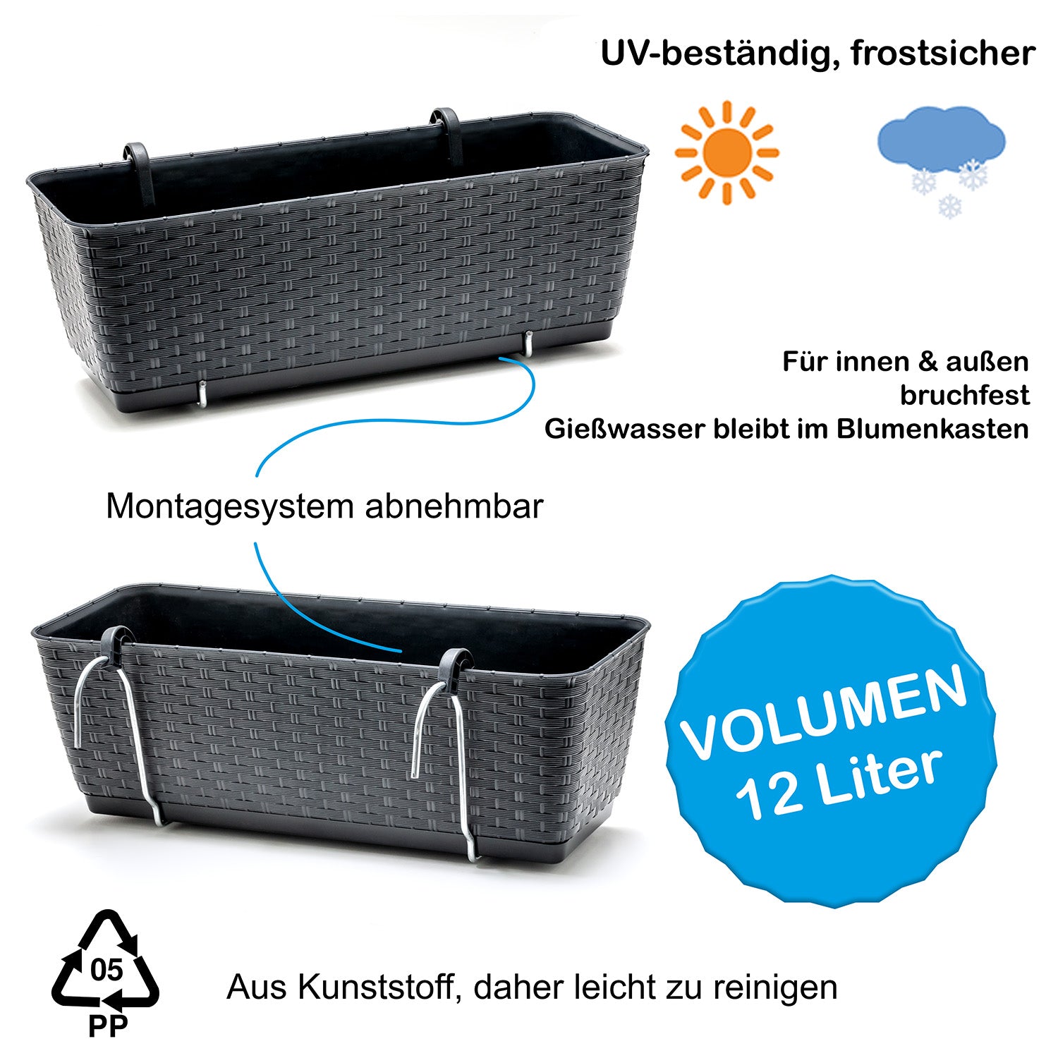 6er Set Blumenkästen für Balkon-Geländer - Rattan-Optik - Anthrazit - mit Halterung - 50cm 3