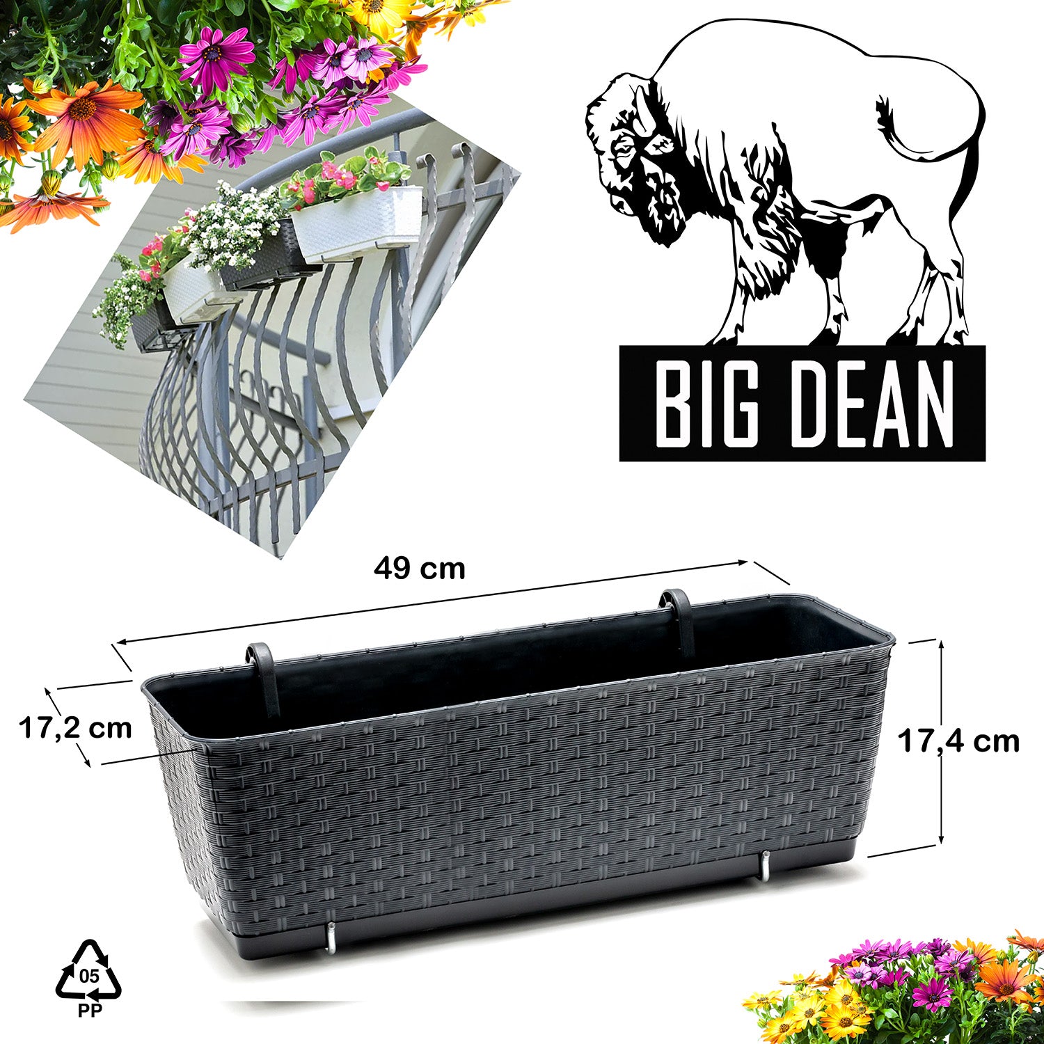 6er Set Blumenkästen für Balkon-Geländer - Rattan-Optik - Anthrazit - mit Halterung - 50cm 5