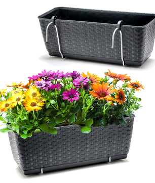 2er Set Blumenkästen für Balkon-Geländer - Rattan-Optik - Anthrazit - mit Halterung - 40cm