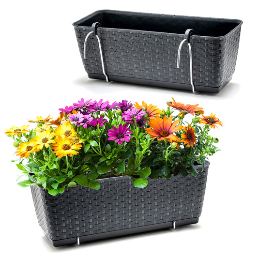 BigDean 2er Set Blumenkästen für Balkon-Geländer - Rattan-Optik - Anthrazit - Balkonkästen mit Metall-Halterung - 39 x 15,5 x 14 cm - inkl. Bewässerungssystem